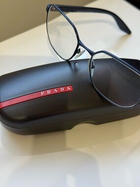 Prada Navy and Red Logo Metal Eyeglasses with Case preowned with Case